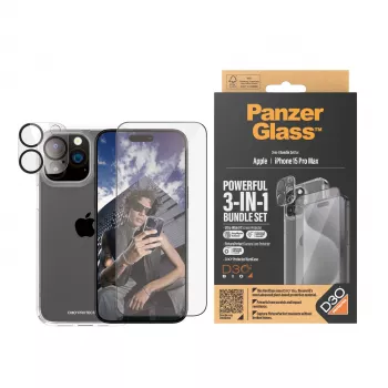 PanzerGlass ® 3-in-1 komplekts iPhone 15 Pro Max, Apple, Apple - iPhone 15 Pro Max, Sausā uzklāšana, Izturīgs pret triecieniem, Caurspīdīgs, 1 gab.