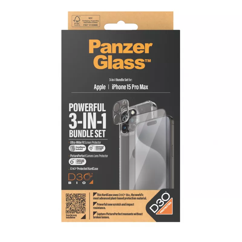 PanzerGlass ® 3-in-1 komplekts iPhone 15 Pro Max, Apple, Apple - iPhone 15 Pro Max, Sausā uzklāšana, Izturīgs pret triecieniem, Caurspīdīgs, 1 gab.