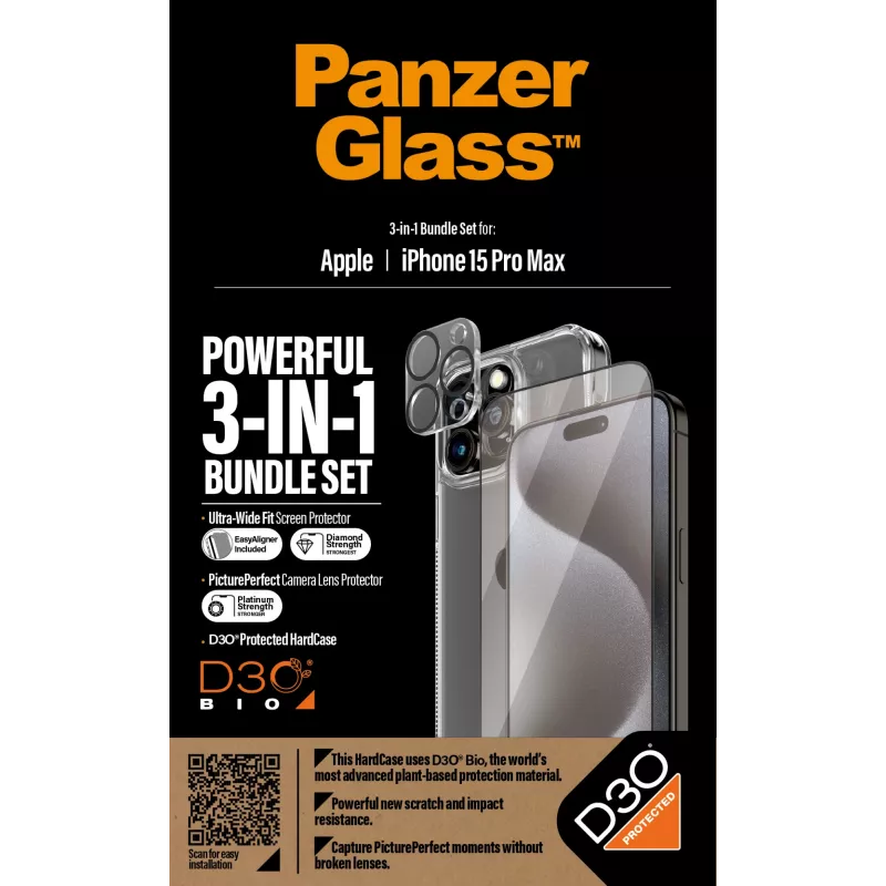 PanzerGlass ® 3-in-1 komplekts iPhone 15 Pro Max, Apple, Apple - iPhone 15 Pro Max, Sausā uzklāšana, Izturīgs pret triecieniem, Caurspīdīgs, 1 gab.