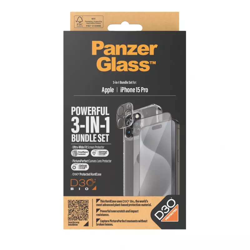 PanzerGlass 3-in-1 komplekts iPhone 15 Pro rūdītam stiklam caurspīdīgs