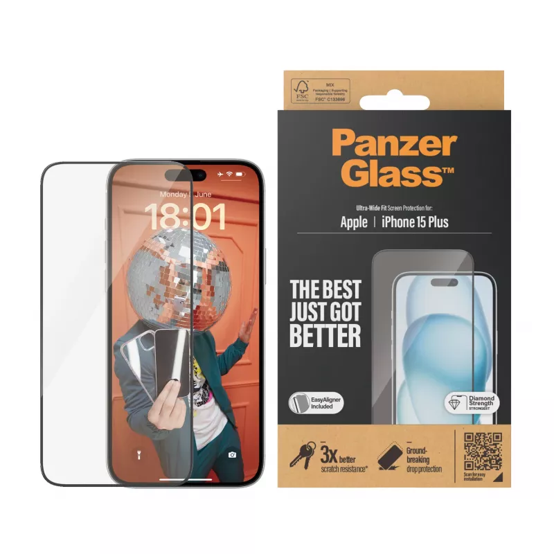 PanzerGlass ® Ekrāna aizsargs iPhone 15 Plus | Ultra-Wide Fit ar EasyAligner