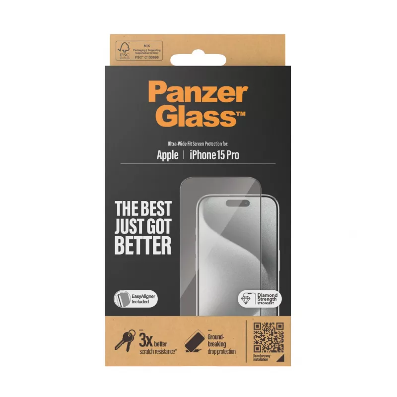PanzerGlass ® Ekrāna aizsargs iPhone 15 Pro | Ultra-Wide Fit ar EasyAligner