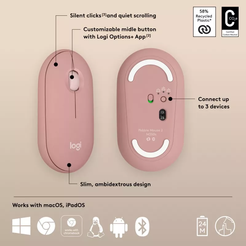 LOGITECH Pebble 2 M350s Bezvadu optiskā pele Roza