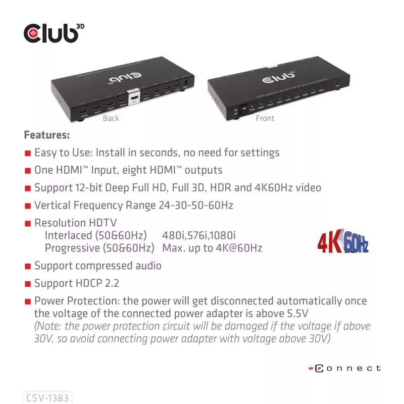 CLUB3D 1 līdz 8 HDMI™ sadalītājs ar pilnu 3D un 4K60Hz (600MHz)