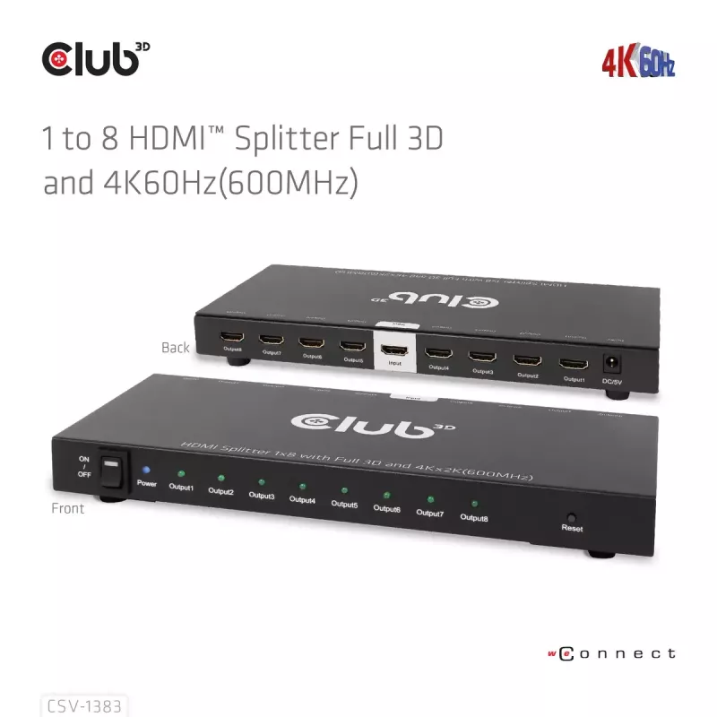 CLUB3D 1 līdz 8 HDMI™ sadalītājs ar pilnu 3D un 4K60Hz (600MHz)
