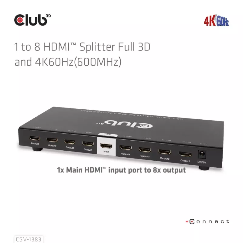 CLUB3D 1 līdz 8 HDMI™ sadalītājs ar pilnu 3D un 4K60Hz (600MHz)
