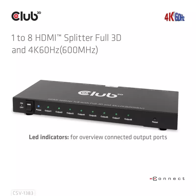 CLUB3D 1 līdz 8 HDMI™ sadalītājs ar pilnu 3D un 4K60Hz (600MHz)