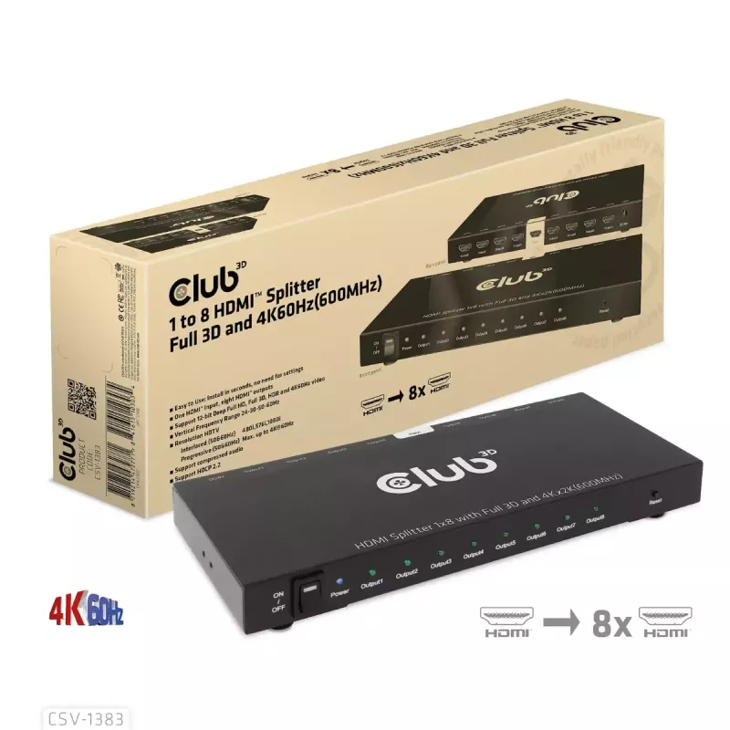 CLUB3D 1 līdz 8 HDMI™ sadalītājs ar pilnu 3D un 4K60Hz (600MHz)