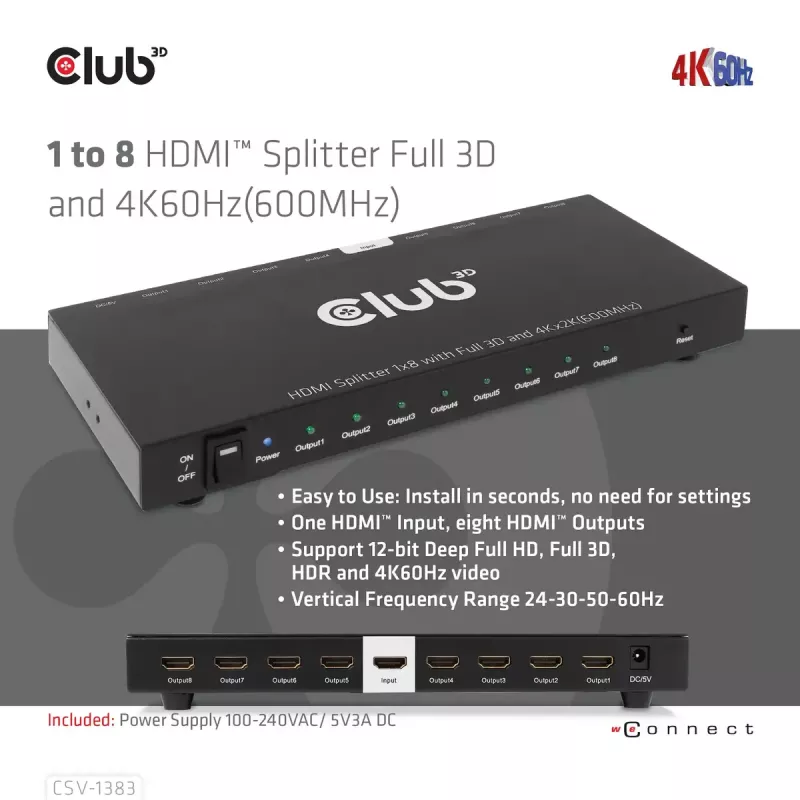 CLUB3D 1 līdz 8 HDMI™ sadalītājs ar pilnu 3D un 4K60Hz (600MHz)