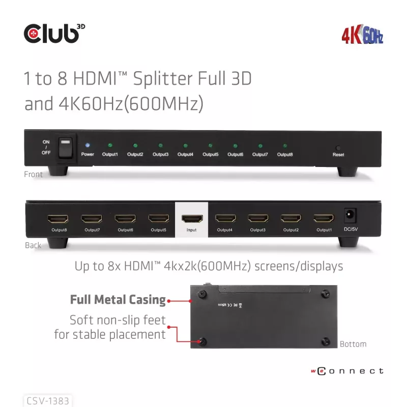 CLUB3D 1 līdz 8 HDMI™ sadalītājs ar pilnu 3D un 4K60Hz (600MHz)