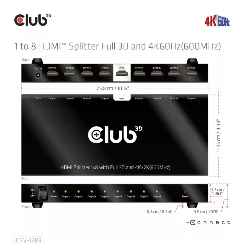 CLUB3D 1 līdz 8 HDMI™ sadalītājs ar pilnu 3D un 4K60Hz (600MHz)