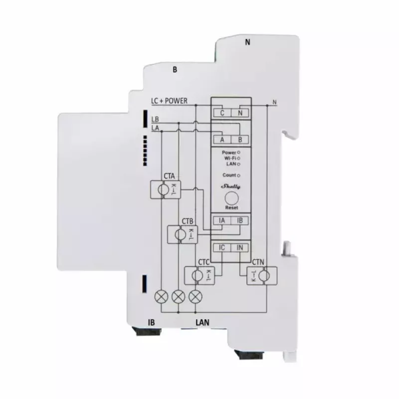 Shelly Pro 3EM enerģijas izmaksu skaitītājs maiņstrāvai 120 A 50-60 Hz
