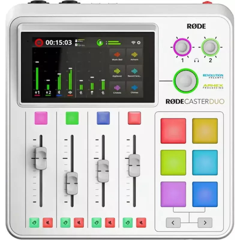 Audio interfeiss Rode RodeCaster Duo balts — 2 kanālu USB podkāstu pults ar mikseri un priekšpastiprinātājiem