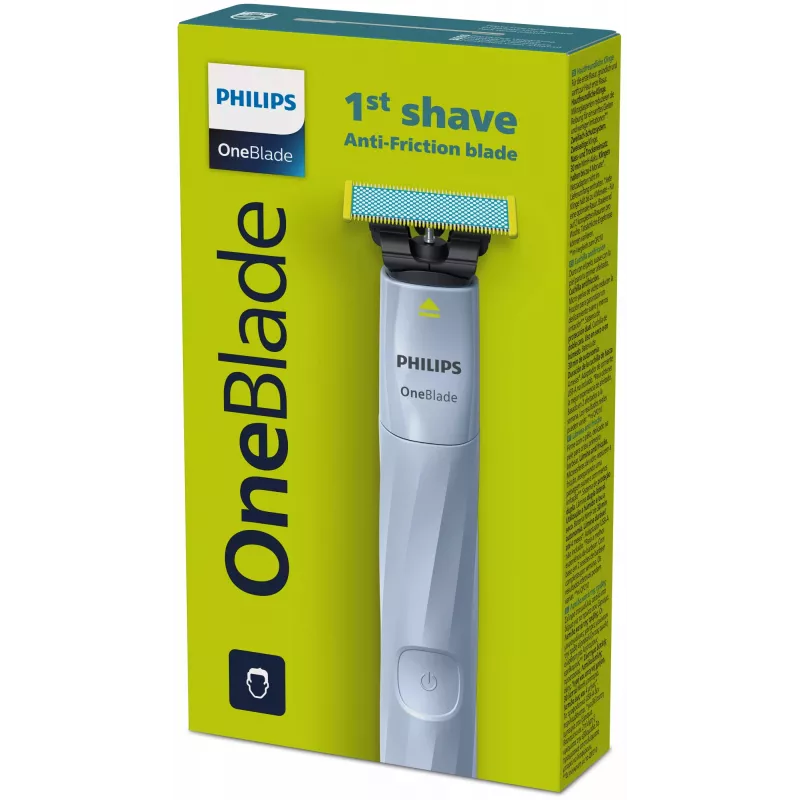 Folia skuveklis Philips Norelco OneBlade QP1324/20 — bezvada zils folia skuveklis, 30 min darbības laiks, USB uzlāde, mazgājams, seko kontūrām