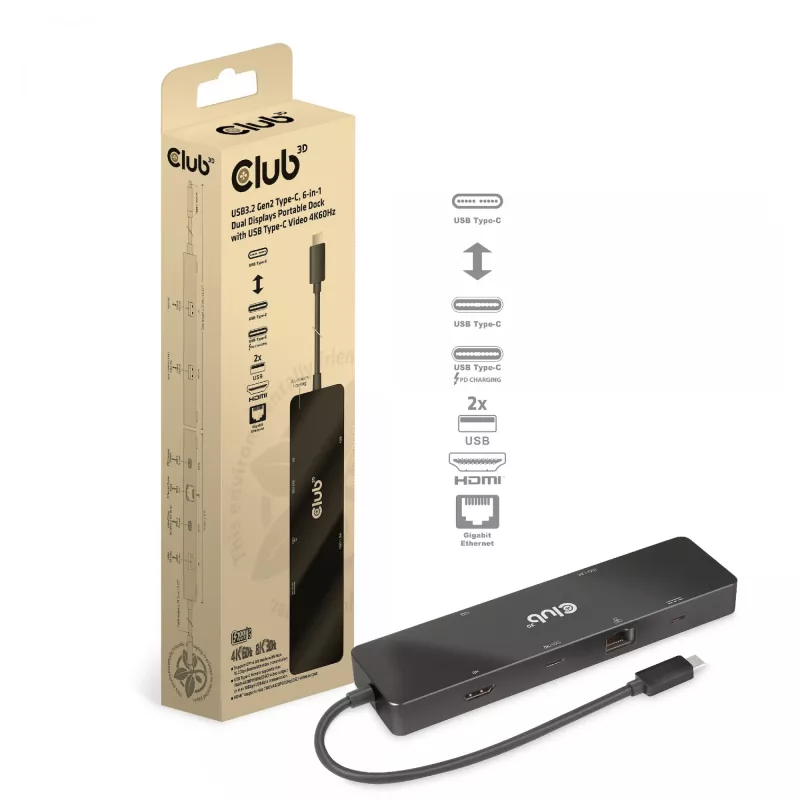 CLUB3D USB3.2 Gen2 Type-C, 6-in-1 Dual Displays Portable Dock ar USB Type-C Video 4K60Hz
