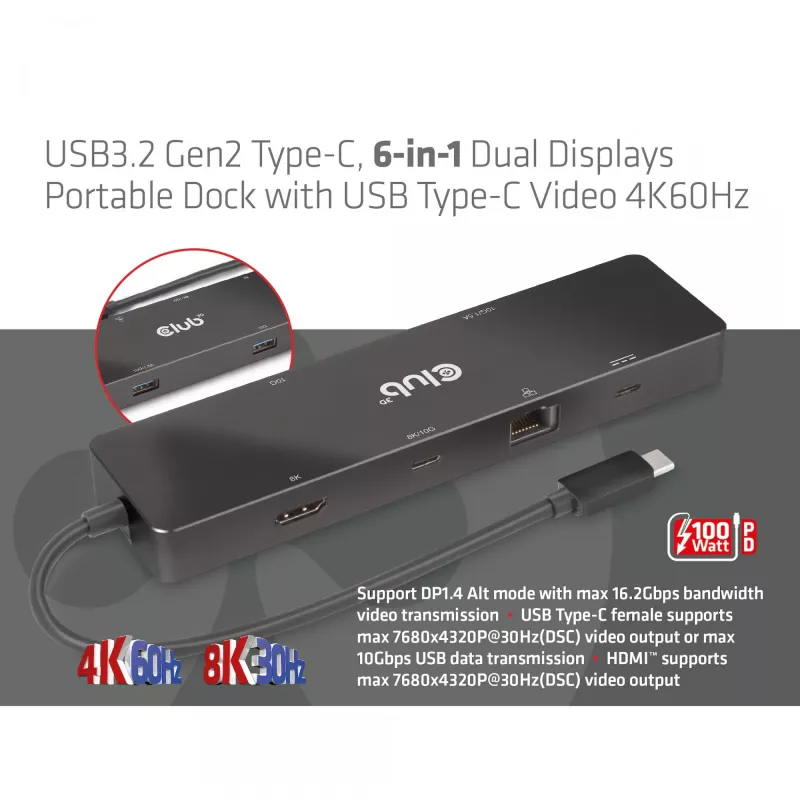 CLUB3D USB3.2 Gen2 Type-C, 6-in-1 Dual Displays Portable Dock ar USB Type-C Video 4K60Hz