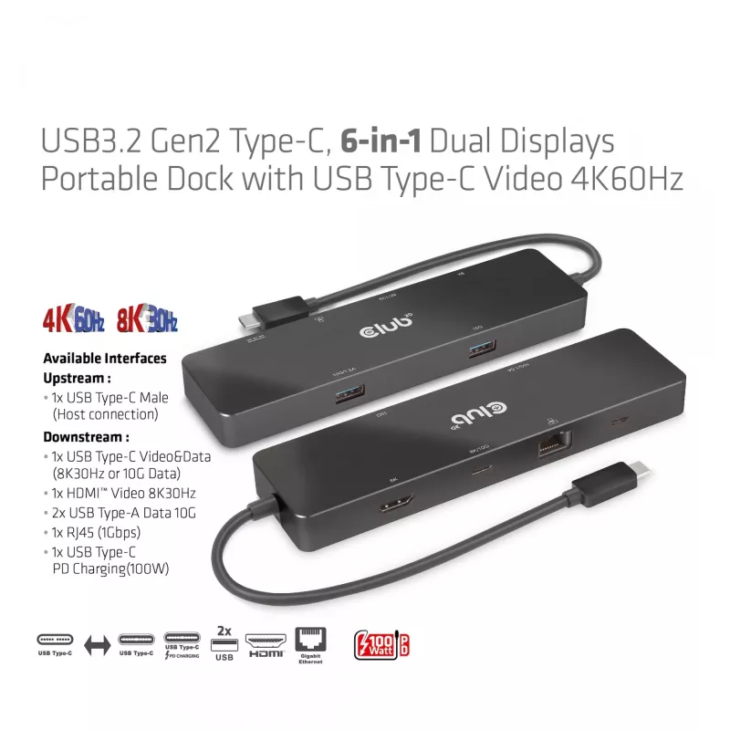 CLUB3D USB3.2 Gen2 Type-C, 6-in-1 Dual Displays Portable Dock ar USB Type-C Video 4K60Hz