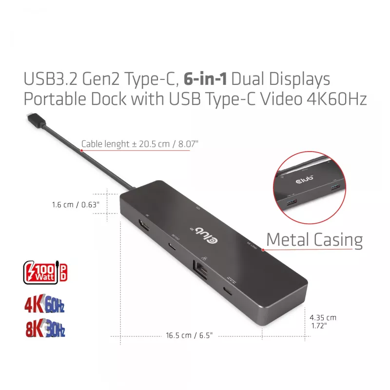 CLUB3D USB3.2 Gen2 Type-C, 6-in-1 Dual Displays Portable Dock ar USB Type-C Video 4K60Hz
