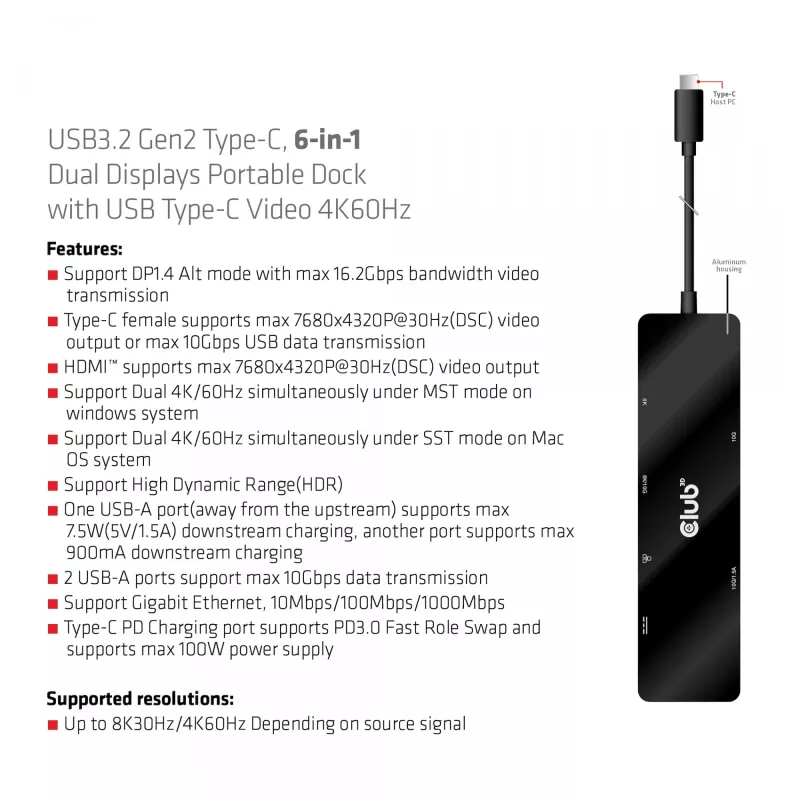 CLUB3D USB3.2 Gen2 Type-C, 6-in-1 Dual Displays Portable Dock ar USB Type-C Video 4K60Hz