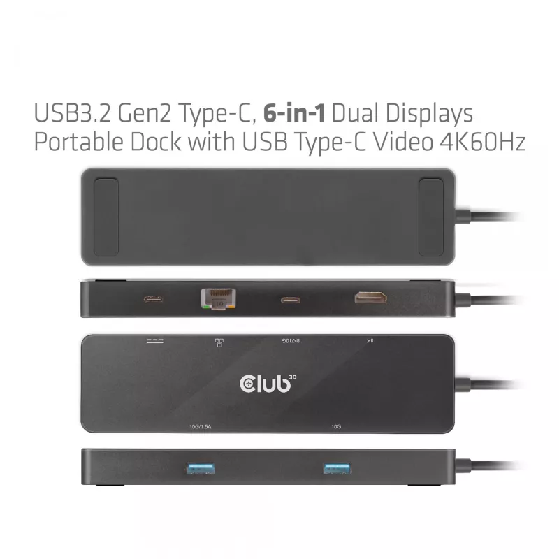 CLUB3D USB3.2 Gen2 Type-C, 6-in-1 Dual Displays Portable Dock ar USB Type-C Video 4K60Hz