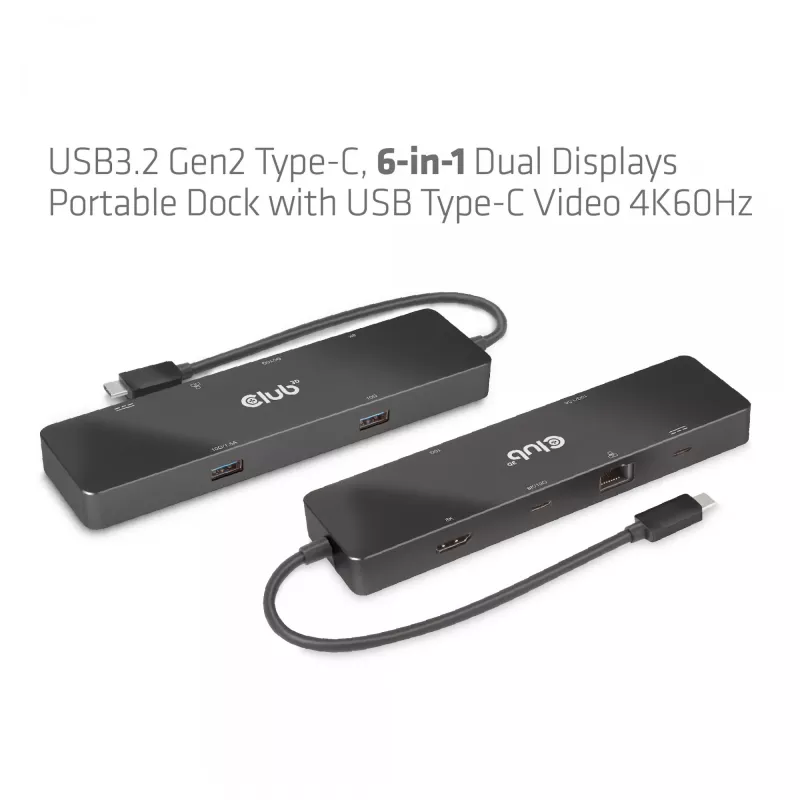 CLUB3D USB3.2 Gen2 Type-C, 6-in-1 Dual Displays Portable Dock ar USB Type-C Video 4K60Hz
