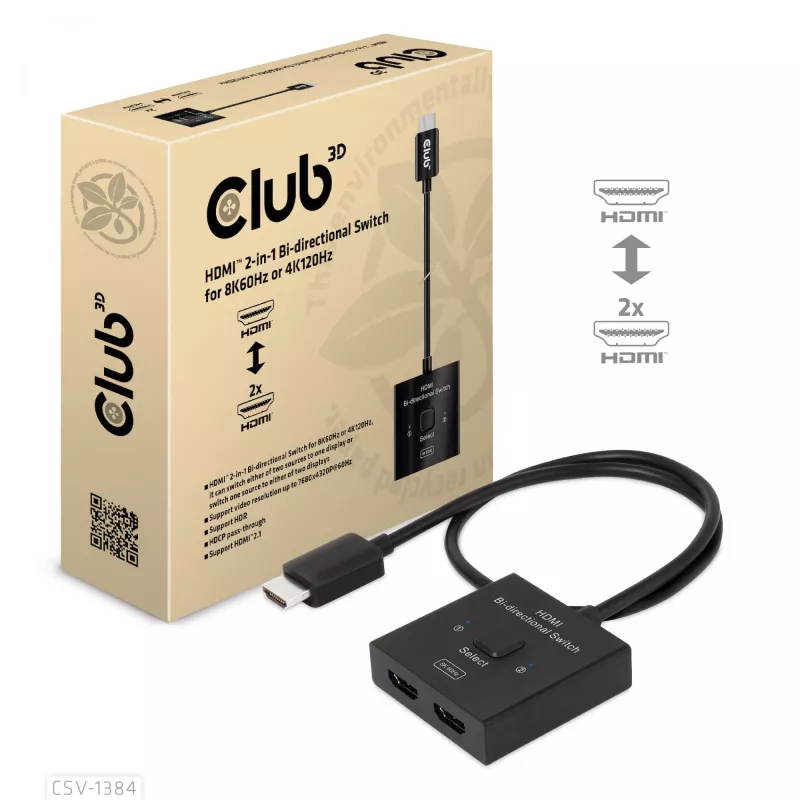 CLUB3D HDMI 2-in-1 divvirzienu slēdzis 8K60Hz 4K120Hz CSV-1384
