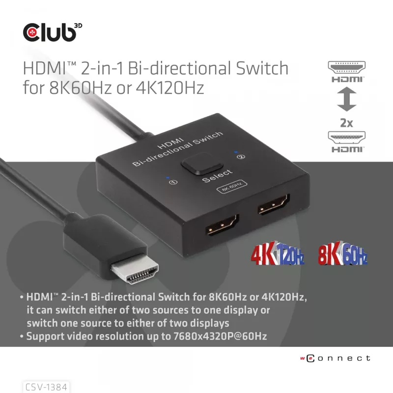 CLUB3D HDMI 2-in-1 divvirzienu slēdzis 8K60Hz 4K120Hz CSV-1384