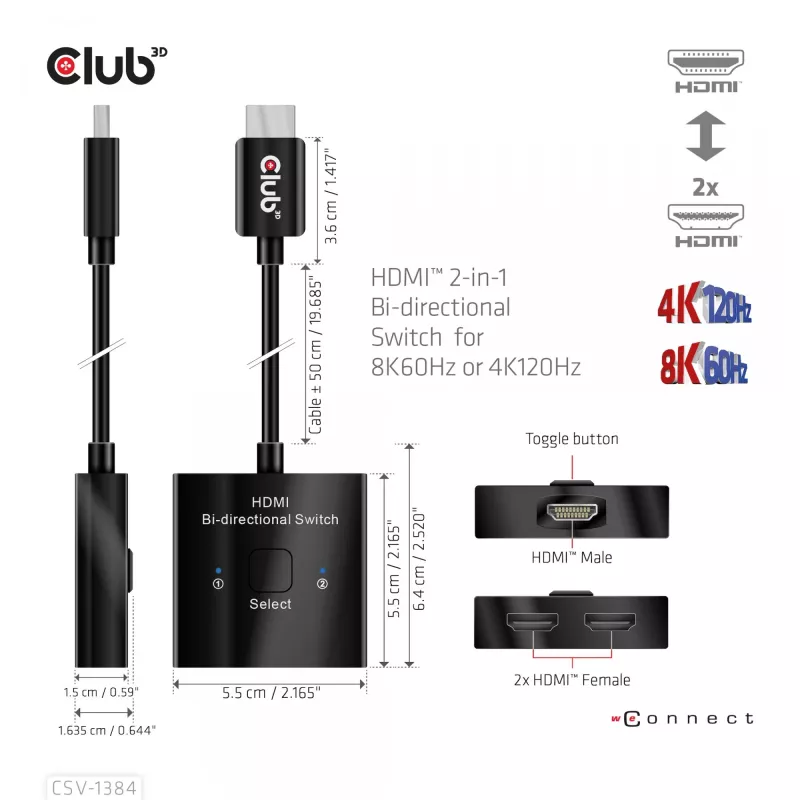 CLUB3D HDMI 2-in-1 divvirzienu slēdzis 8K60Hz 4K120Hz CSV-1384