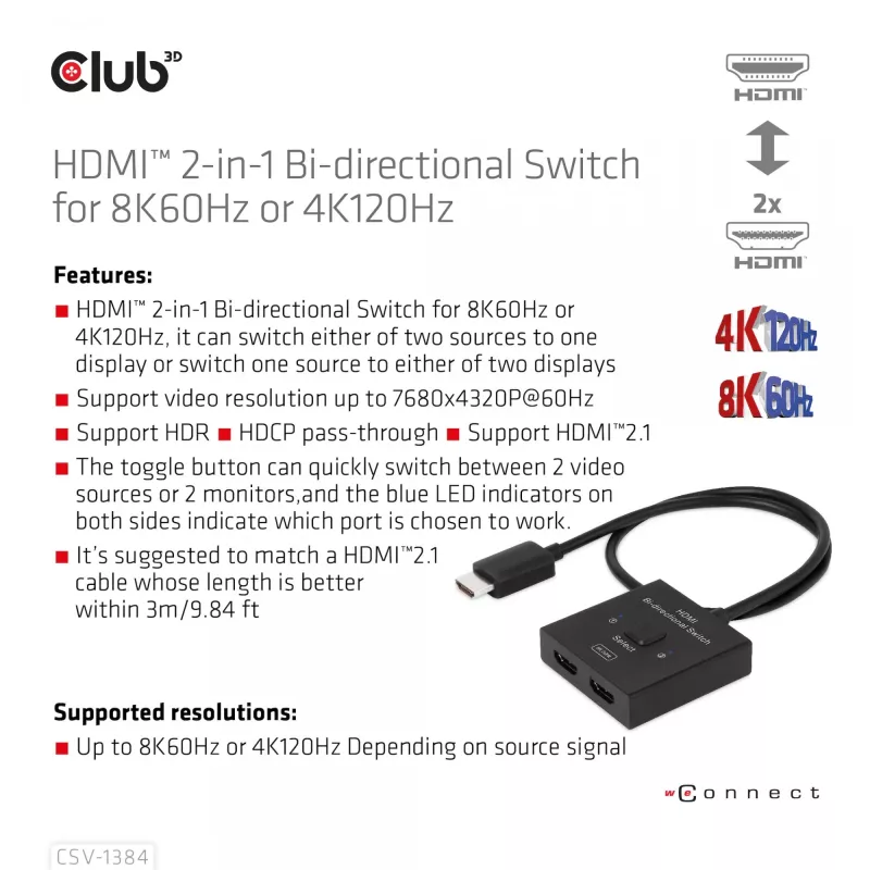 CLUB3D HDMI 2-in-1 divvirzienu slēdzis 8K60Hz 4K120Hz CSV-1384