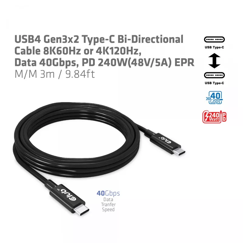 CLUB3D USB4 Gen3x2 Type-C divvirzienu kabelis 8K60Hz vai 4K120Hz, dati 40Gbps, PD 240W(48V/5A) EPR M/M 3m / 9.84ft