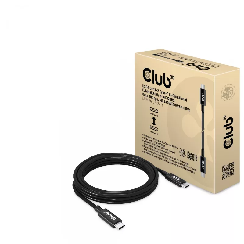 CLUB3D USB4 Gen3x2 Type-C divvirzienu kabelis 8K60Hz vai 4K120Hz, dati 40Gbps, PD 240W(48V/5A) EPR M/M 3m / 9.84ft