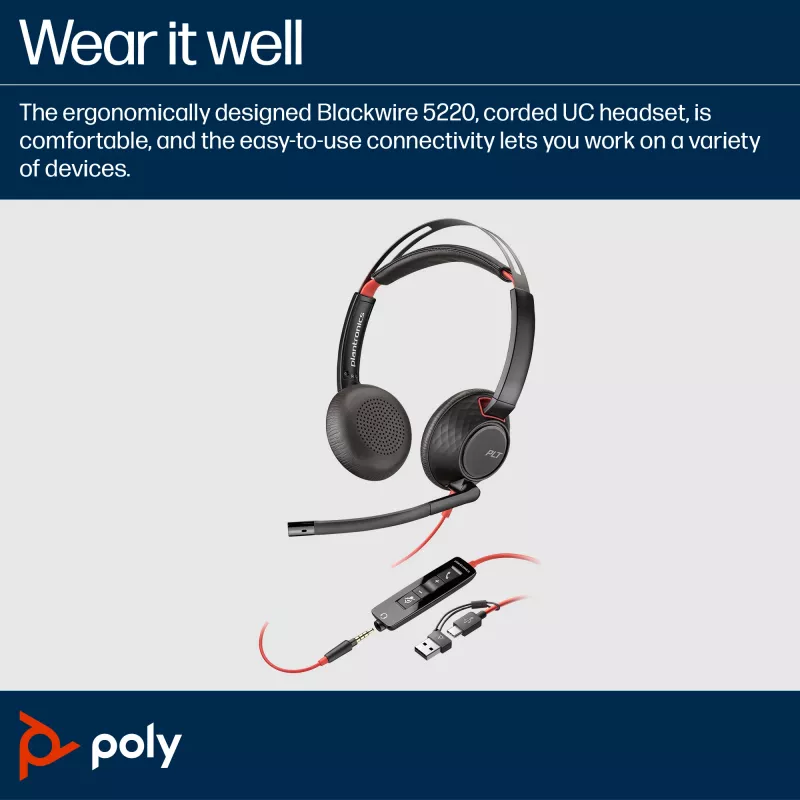 HP Poly Blackwire 5220 Stereo USB-C austiņas + 3,5 mm spraudnis + USB-C/A adapteris