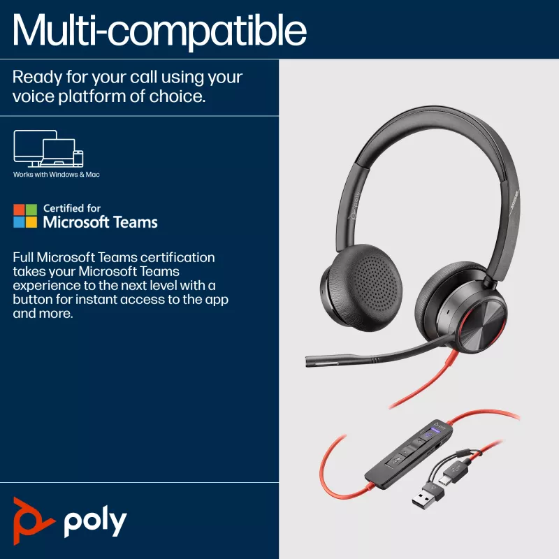 HP Poly Melnswire 8225 Stereo Microsoft Teams sertificēta USB-C austiņa + USB-C/A adapteris