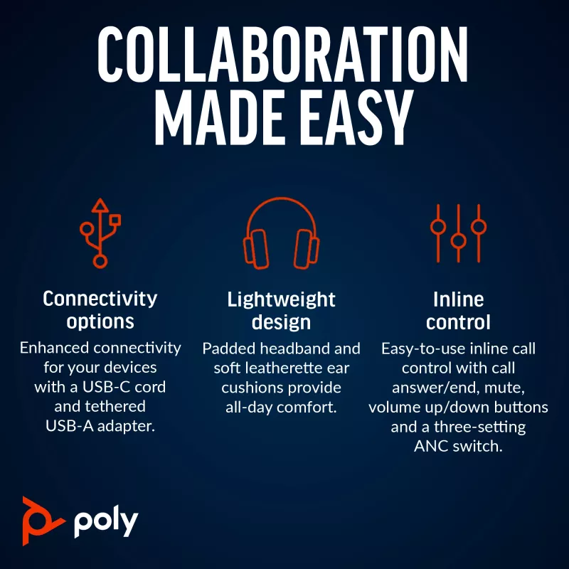 HP Poly Melnswire 8225 Stereo Microsoft Teams sertificēta USB-C austiņa + USB-C/A adapteris