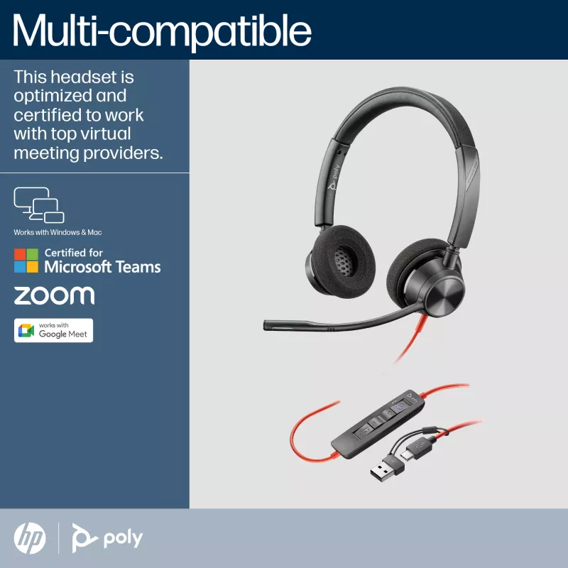 HP Poly Melnswire 3320 Stereo Microsoft Teams Certified USB-C Headset +USB-C/A Adapter