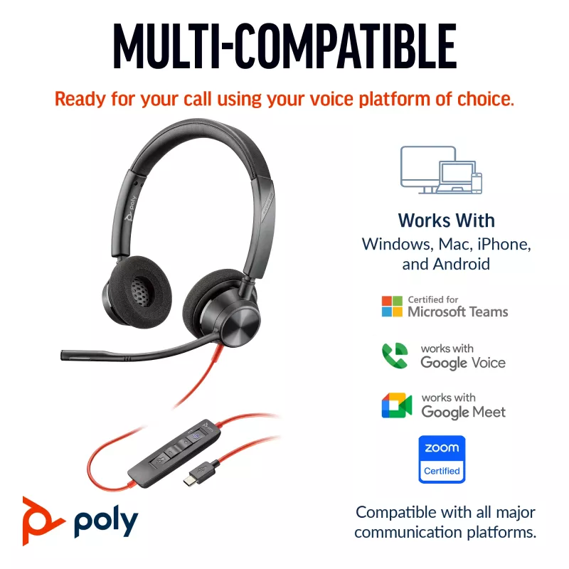 HP Poly Melnswire 3320 Stereo Microsoft Teams Certified USB-C Headset +USB-C/A Adapter