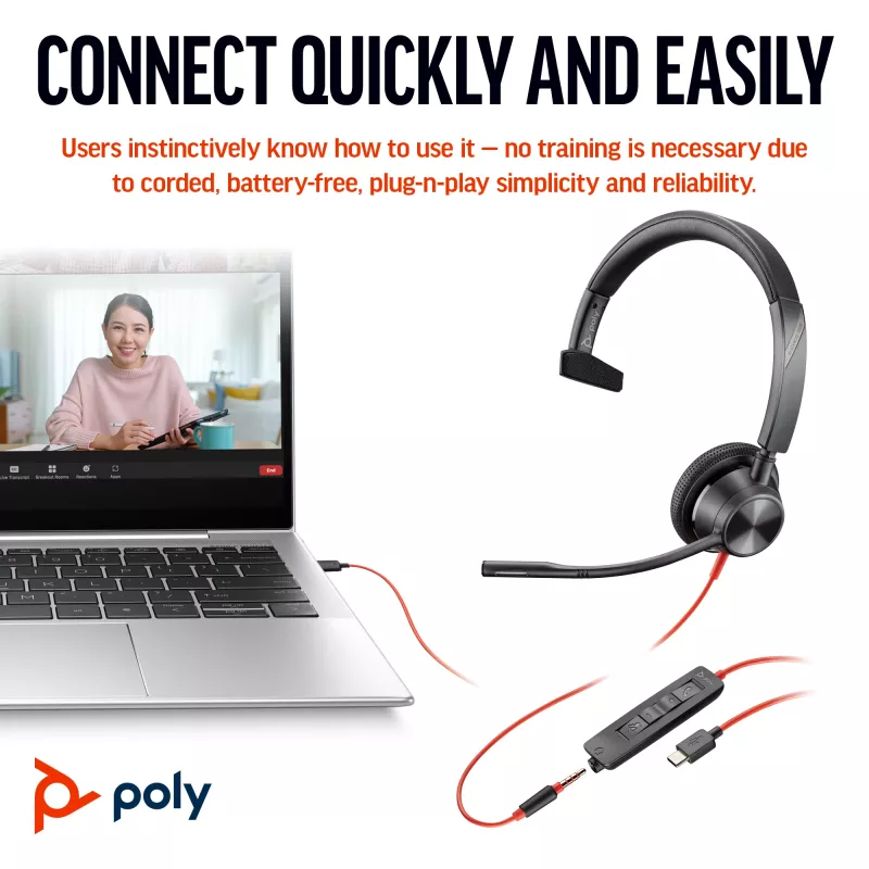 HP Poly Melnswire 3315 mono USB-C austiņas +3,5 mm spraudnis + USB-C/A adapteris