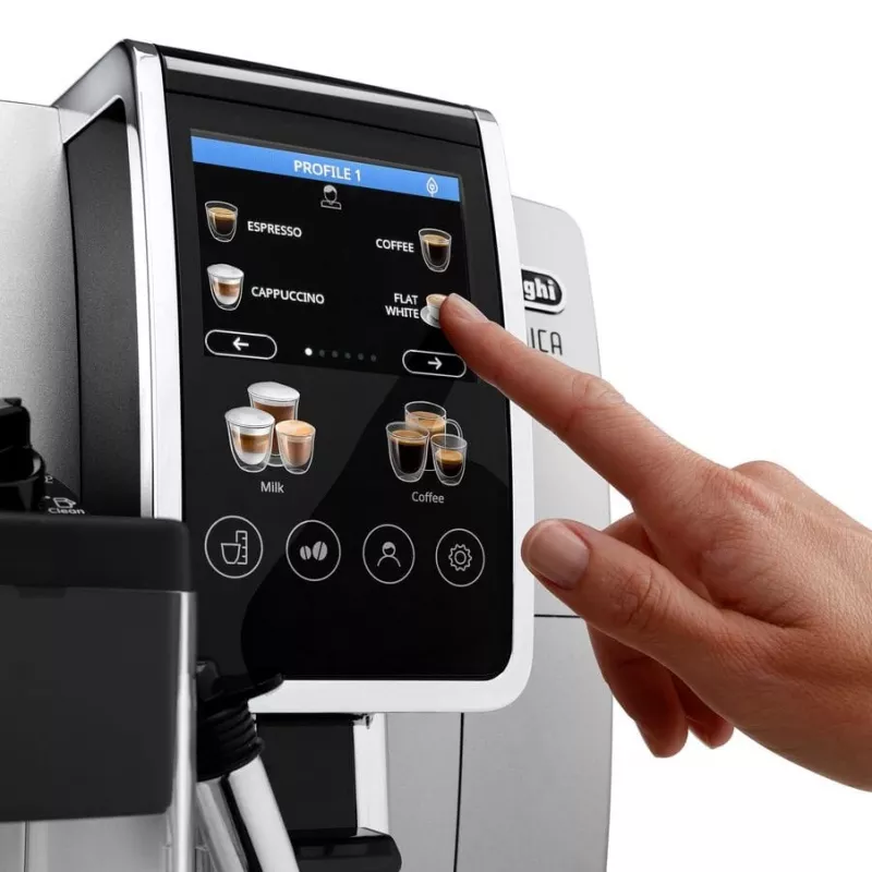 Kombinētā espresso automāts DeLonghi Dinamica Plus ECAM380.85.SB — 1,8 L ūdens tvertne, 300 g pupiņu tvertne, 15 bāri