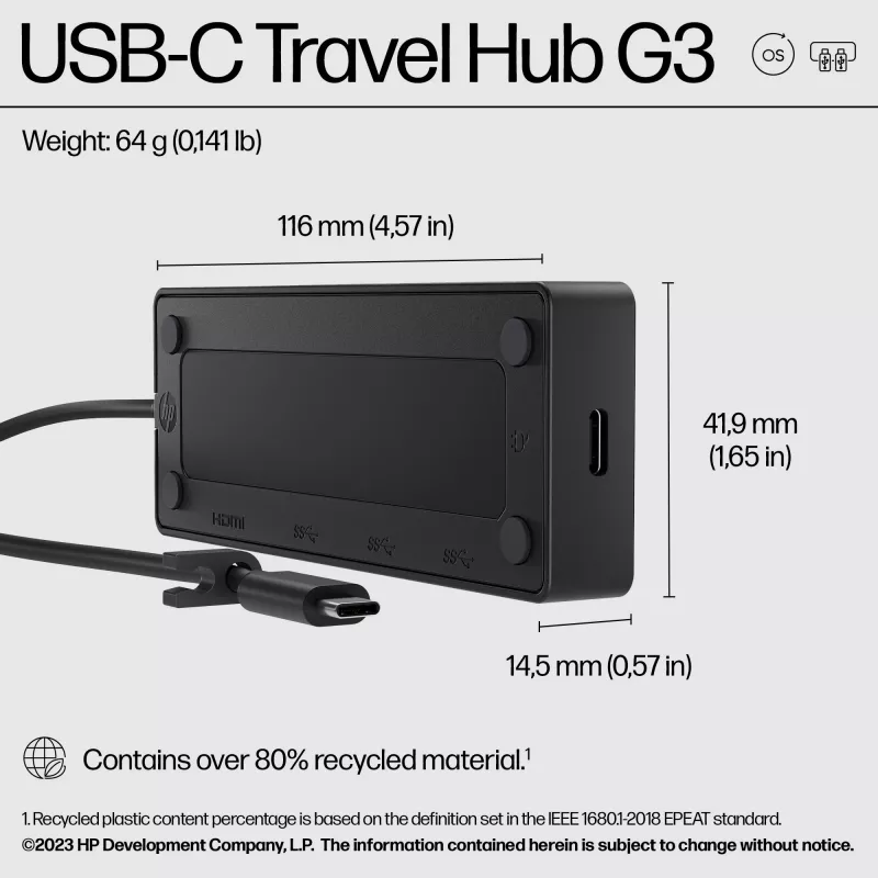 HP USB-C Travel Hub G3, USB 3.2 Gen 2 (3.1 Gen 2) Type-C, 65 W, 60 Hz, HDMI, USB 3.2 Gen 2 (3.1 Gen 2) Type-A, USB 3.2 Gen 2 (3.1 Gen 2) Type-C, Vjetnama, Mājas