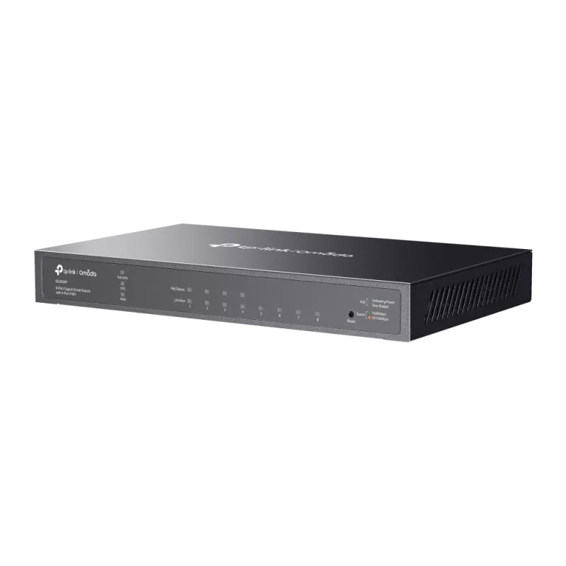 TP-Link Omada 8 portu Gigabit viedais komutators ar 4 portu PoE+, pārvaldāms, L2/L2+, Gigabit Ethernet (10/100/1000), strāvas padeve pa Ethernet (PoE), montāža statnē