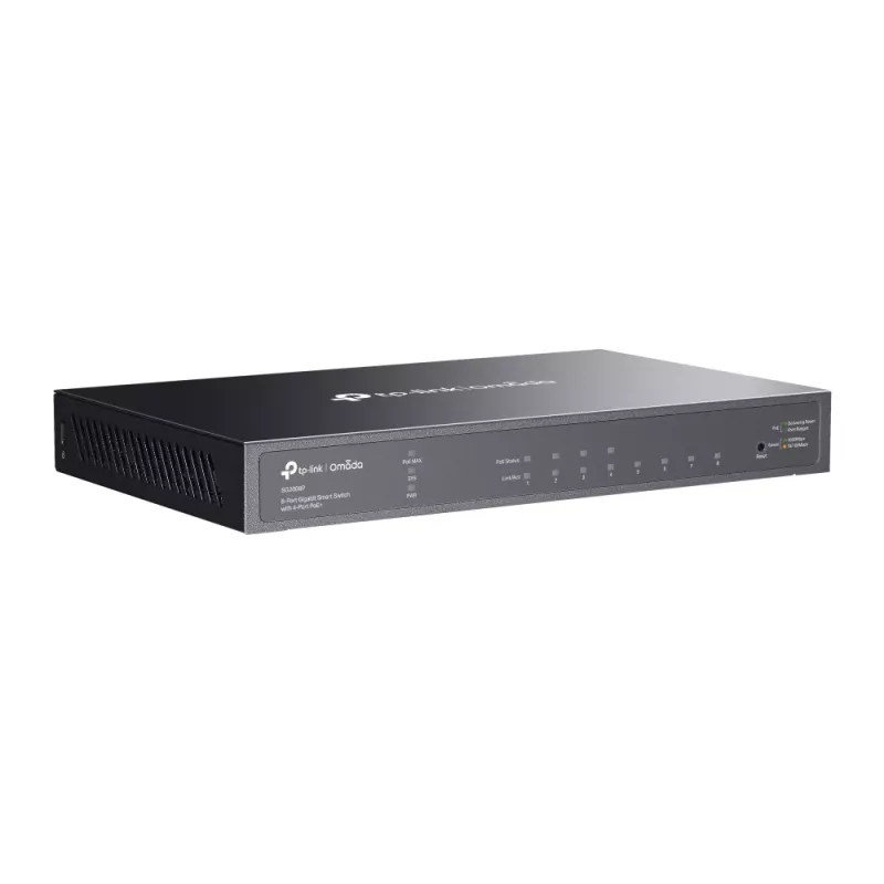 TP-Link Omada 8 portu Gigabit viedais komutators ar 4 portu PoE+, pārvaldāms, L2/L2+, Gigabit Ethernet (10/100/1000), strāvas padeve pa Ethernet (PoE), montāža statnē