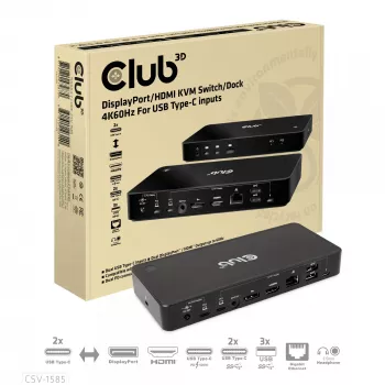 CLUB3D DisplayPort/HDMI KVM pārslēgs/doks 4K60Hz USB Type-C ieejām