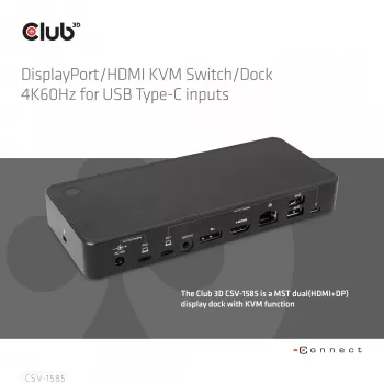 CLUB3D DisplayPort/HDMI KVM pārslēgs/doks 4K60Hz USB Type-C ieejām