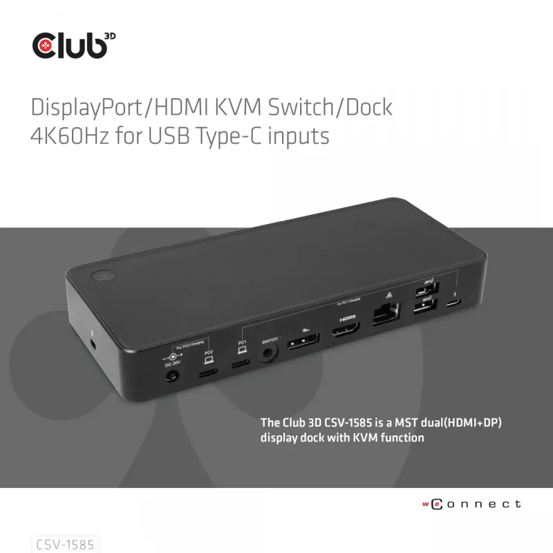 CLUB3D DisplayPort/HDMI KVM pārslēgs/doks 4K60Hz USB Type-C ieejām