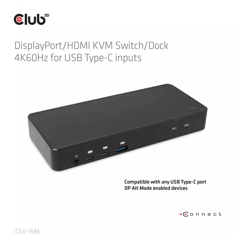 CLUB3D DisplayPort/HDMI KVM pārslēgs/doks 4K60Hz USB Type-C ieejām