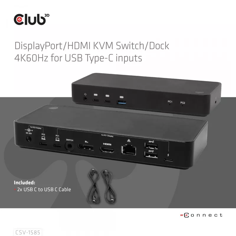 CLUB3D DisplayPort/HDMI KVM pārslēgs/doks 4K60Hz USB Type-C ieejām