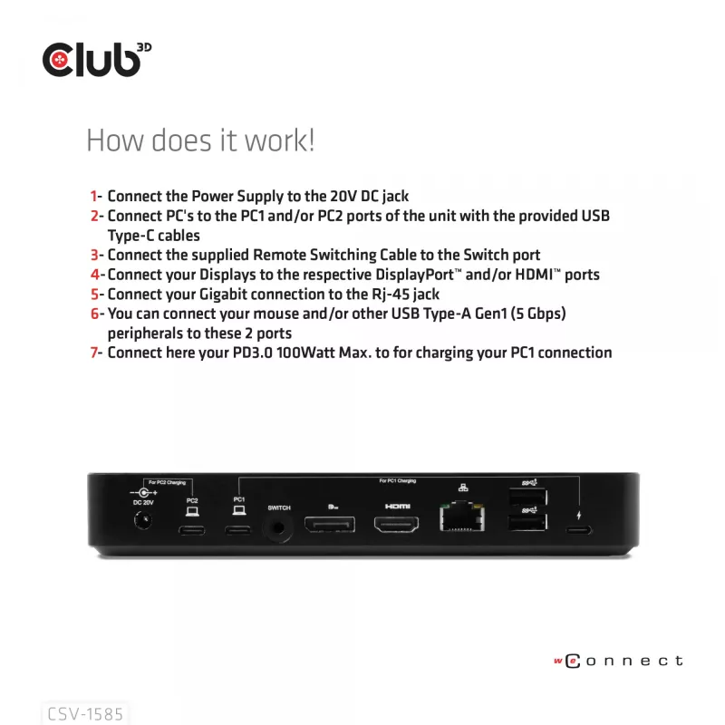 CLUB3D DisplayPort/HDMI KVM pārslēgs/doks 4K60Hz USB Type-C ieejām