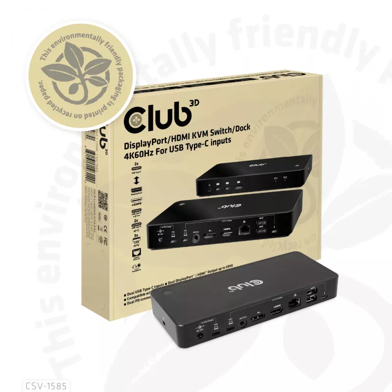 CLUB3D DisplayPort/HDMI KVM pārslēgs/doks 4K60Hz USB Type-C ieejām