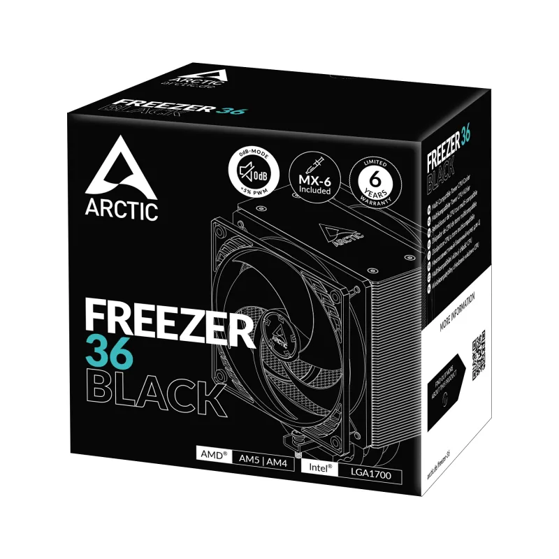 ARCTIC Freezer 36 (melnā) Multi Saderīga Tower CPU Cooler, gaisa dzesētājs, 12 cm, 200 RPM, 1800 RPM, melns