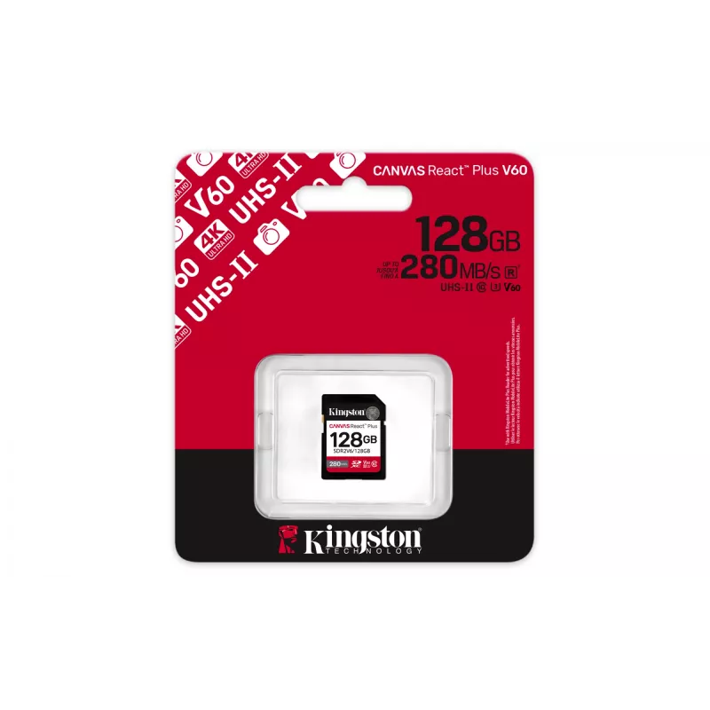 Kingston Technology 128GB Canvas React Plus SDXC UHS-II 280R/100W U3 V60 pilnai HD/4K izšķirtspējai